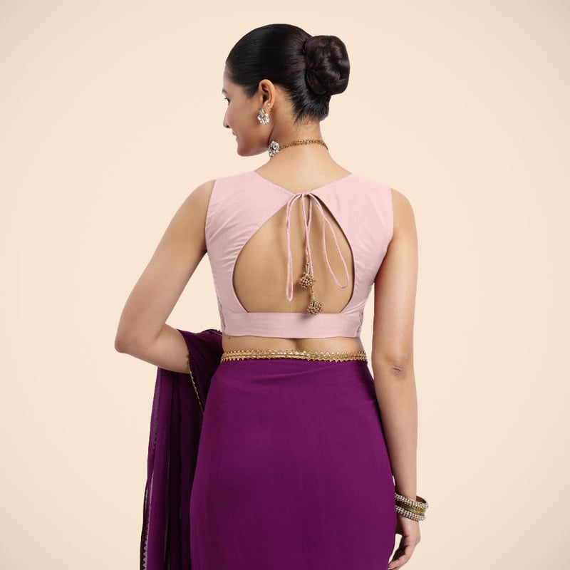 Baby Pink Sleeveless V-Neck Front-Open Saree Blouse