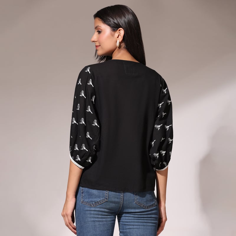 Black Bird Motif Oversized Top with Yoke Detail