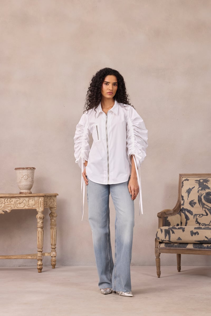 Lavender Ruched Sleeve Zip-Front Shirt