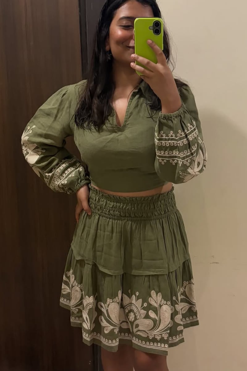 Green Linen Tiered Mini Skirt with Embroidered Hem