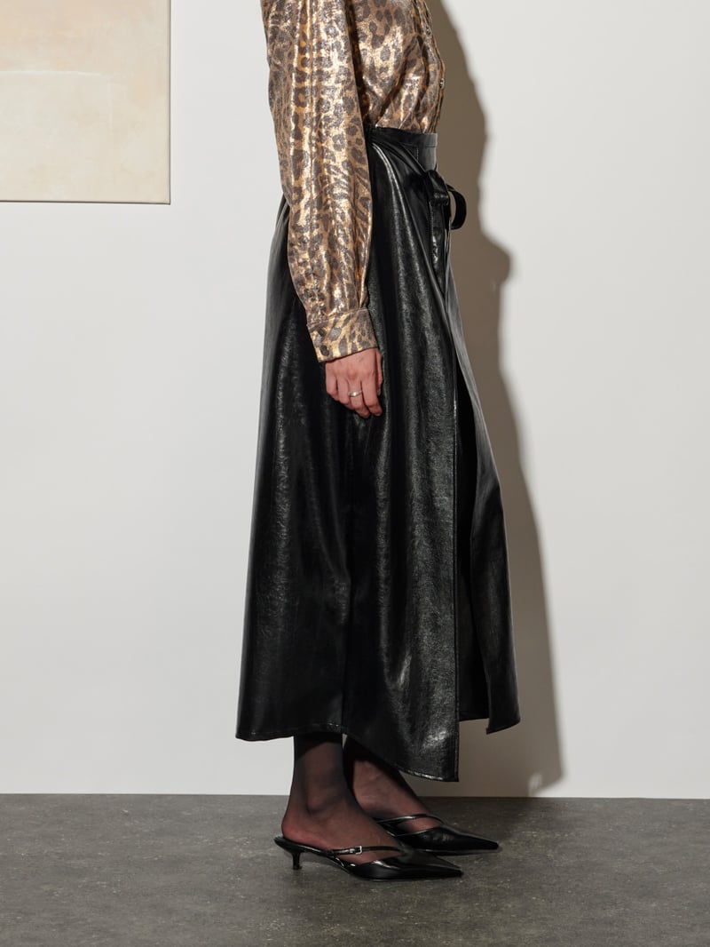 Coal Black Faux Leather Wrap-Tie Midi Skirt
