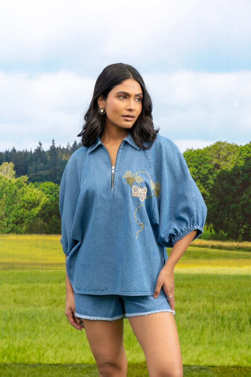 Light Denim Half-Zip Raglan Shirt with Embroidery