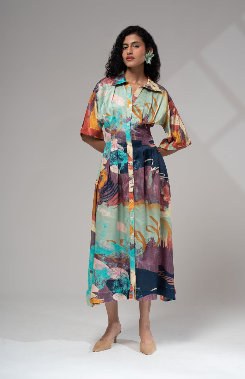 Multicolour Abstract Print Button-Down Midi Shirt Dress