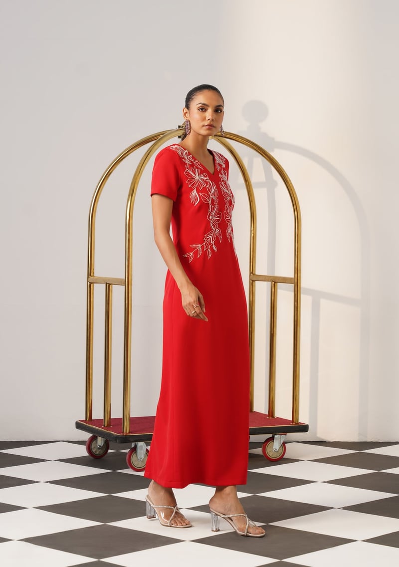 Red V-Neck Embroidered Maxi Dress