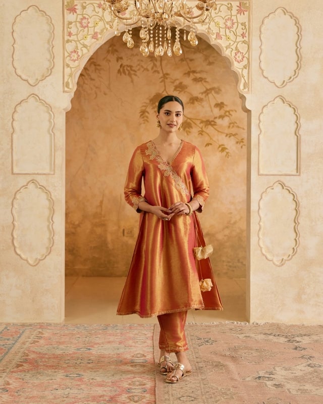 Rosy Zari Chevron Tissue Angrakha Kurta Set with Pants