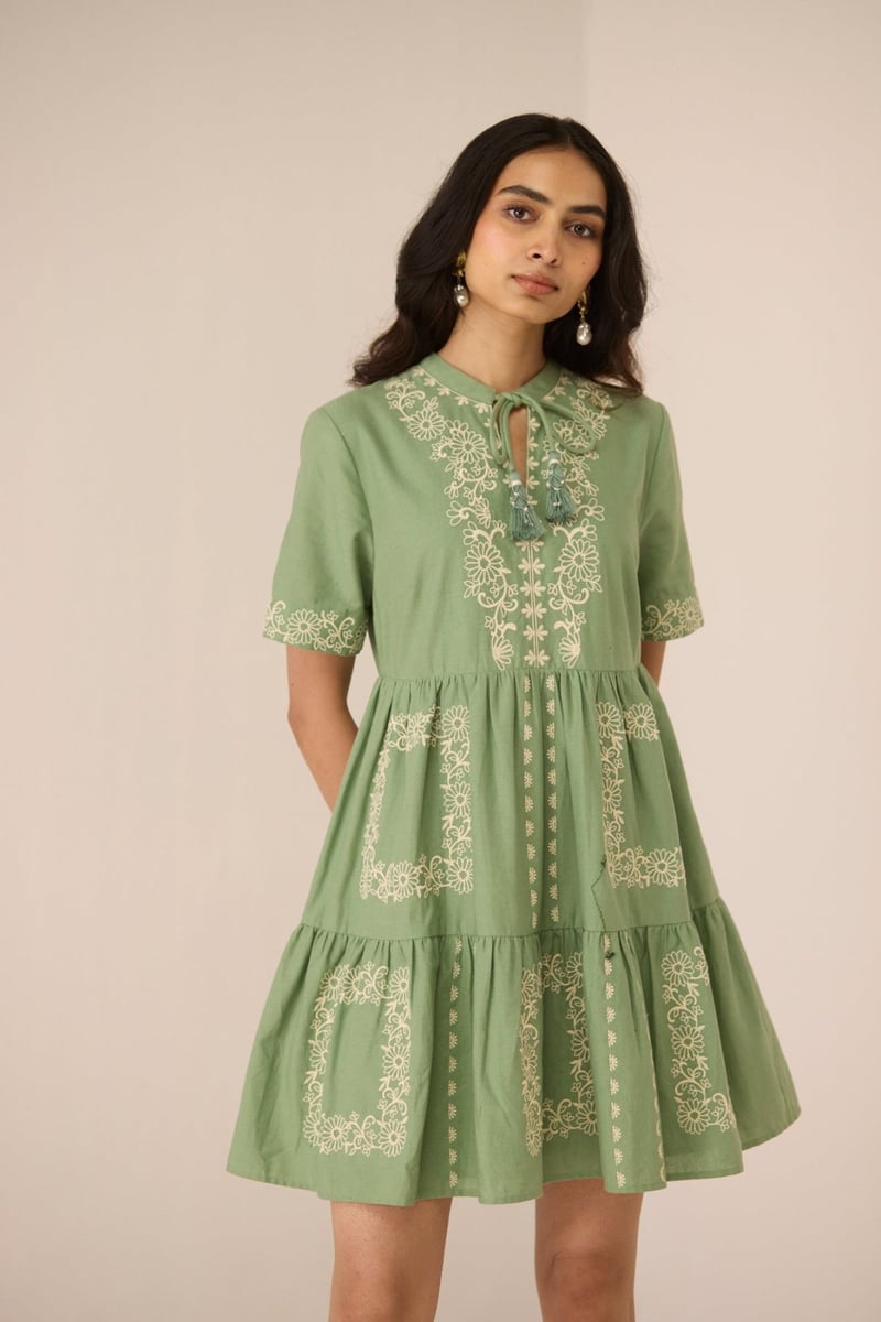Epsom Green Embroidered Tiered Mini Dress
