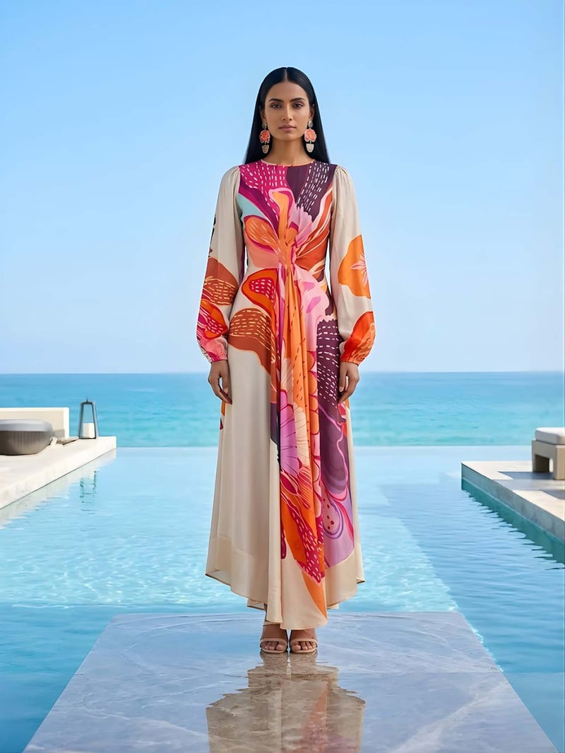 Multicolor Floral Printed Bemberg Silk Midi Dress