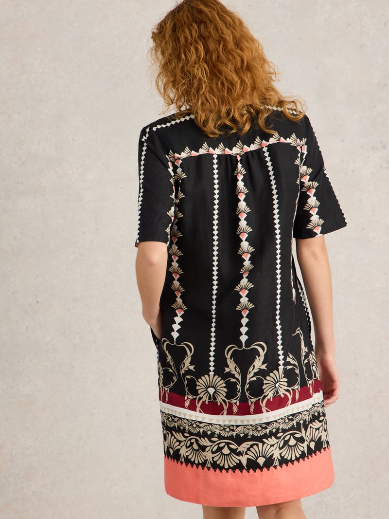 Black Printed Linen Shift Mini Dress