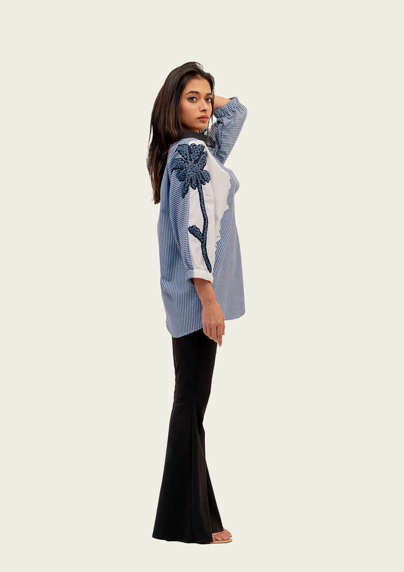 Blue Stripe and White Cotton Shirt with Embroidery — Richa Goenka