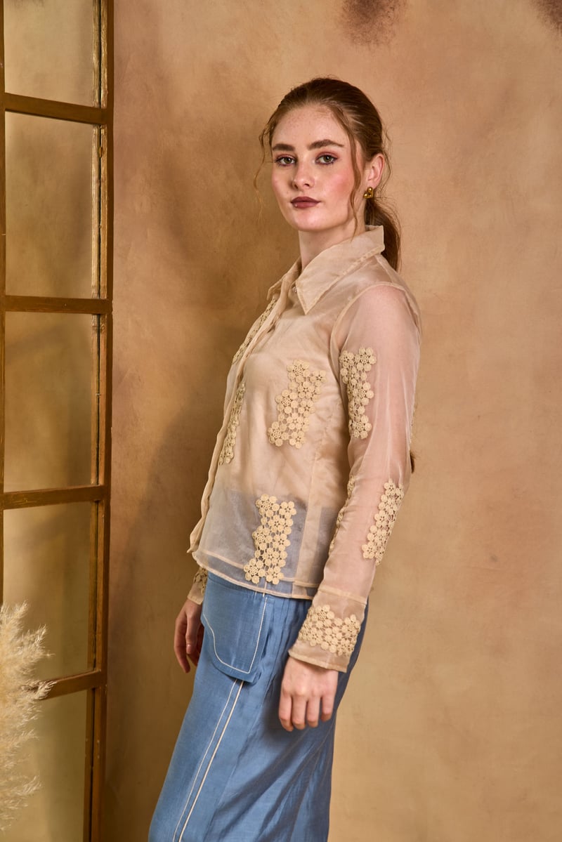 Cream Organza Applique Shirt and Blue Pants Co-ord Set