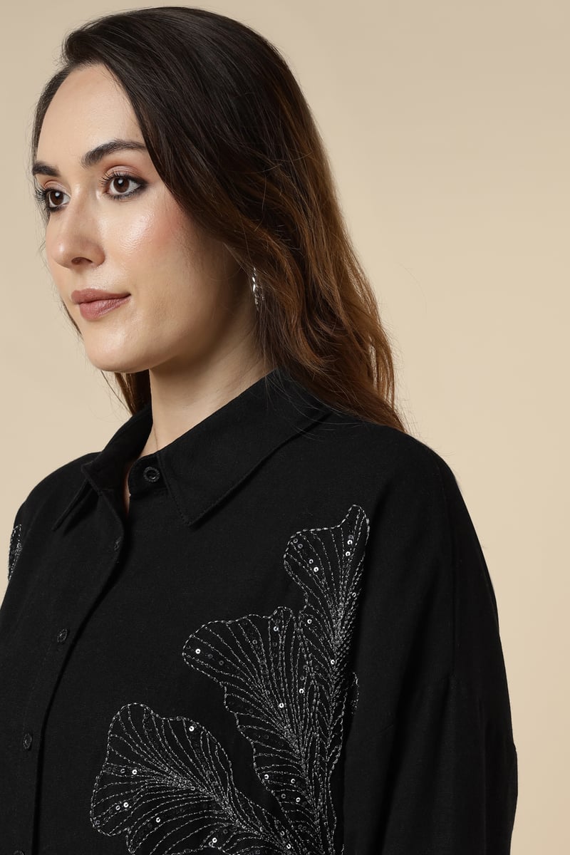 Black Longline Shirt with Silver Sequin Motifs