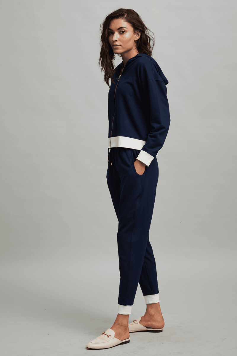 Navy and White Zip-Up Hoodie with Hood