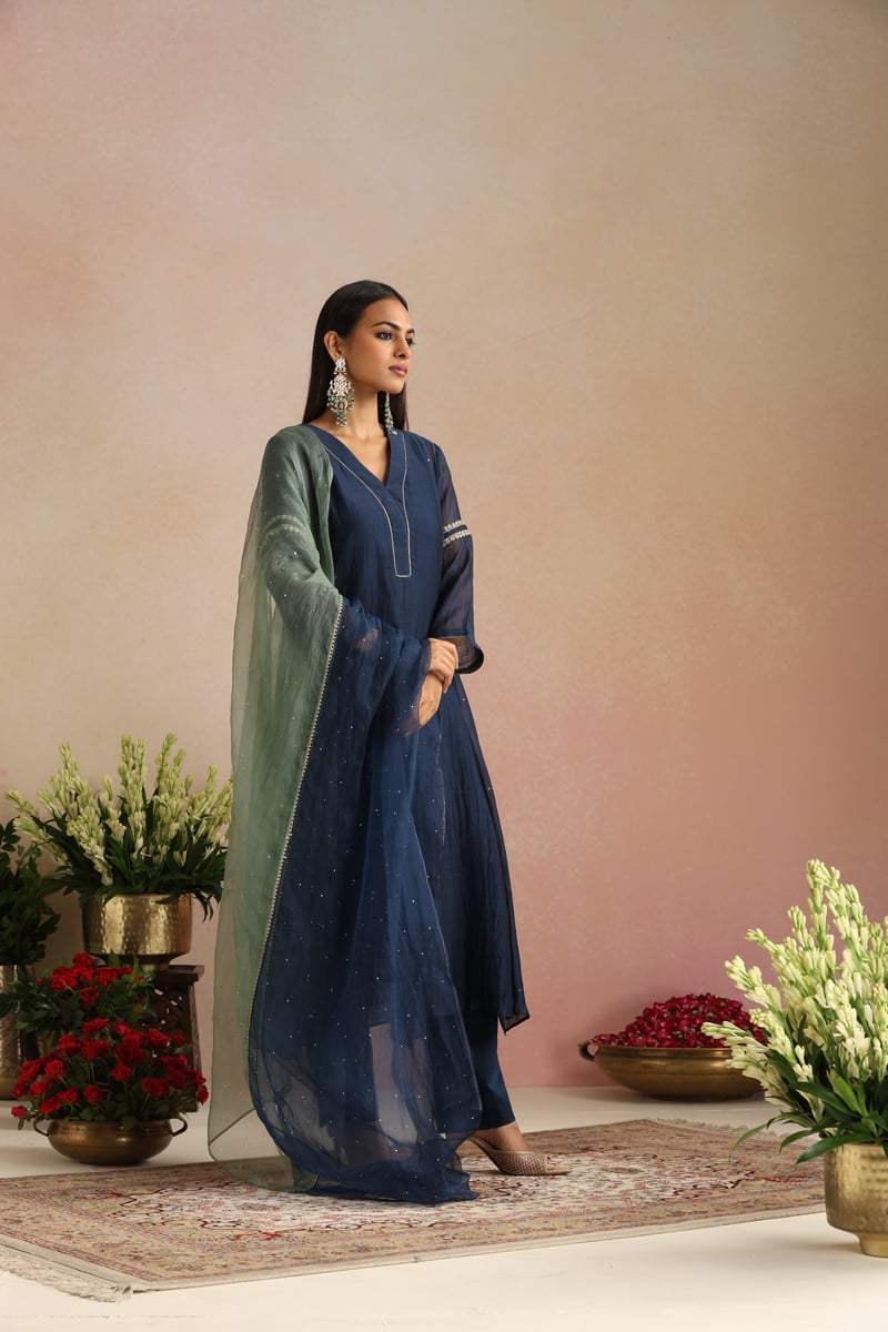Navy Blue Silk Chanderi Embroidered Kurta Set