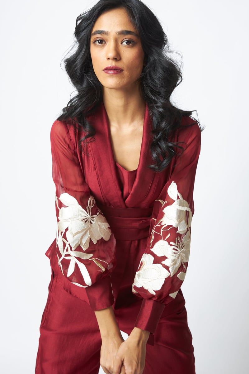 Burgundy Wrap Blazer Top and Wide-Leg Pants Co-ord Set