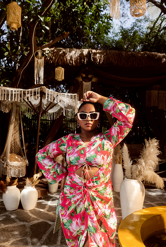 Hot Pink Lotus Print Cut-Out Maxi Dress
