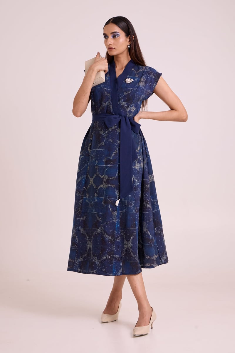 Indigo Printed Linen Wrap Midi Dress with Tie Belt