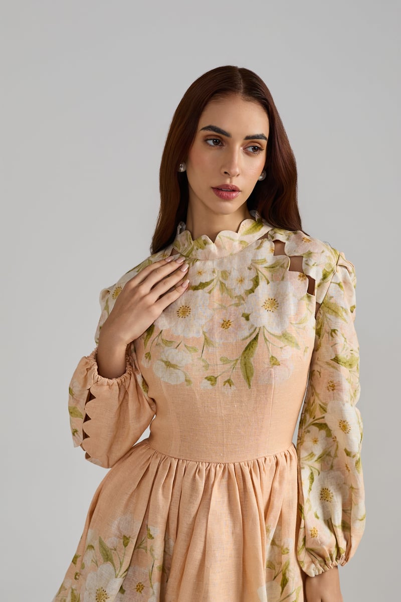 Peach Floral High Neck Fit and Flare Mini Dress