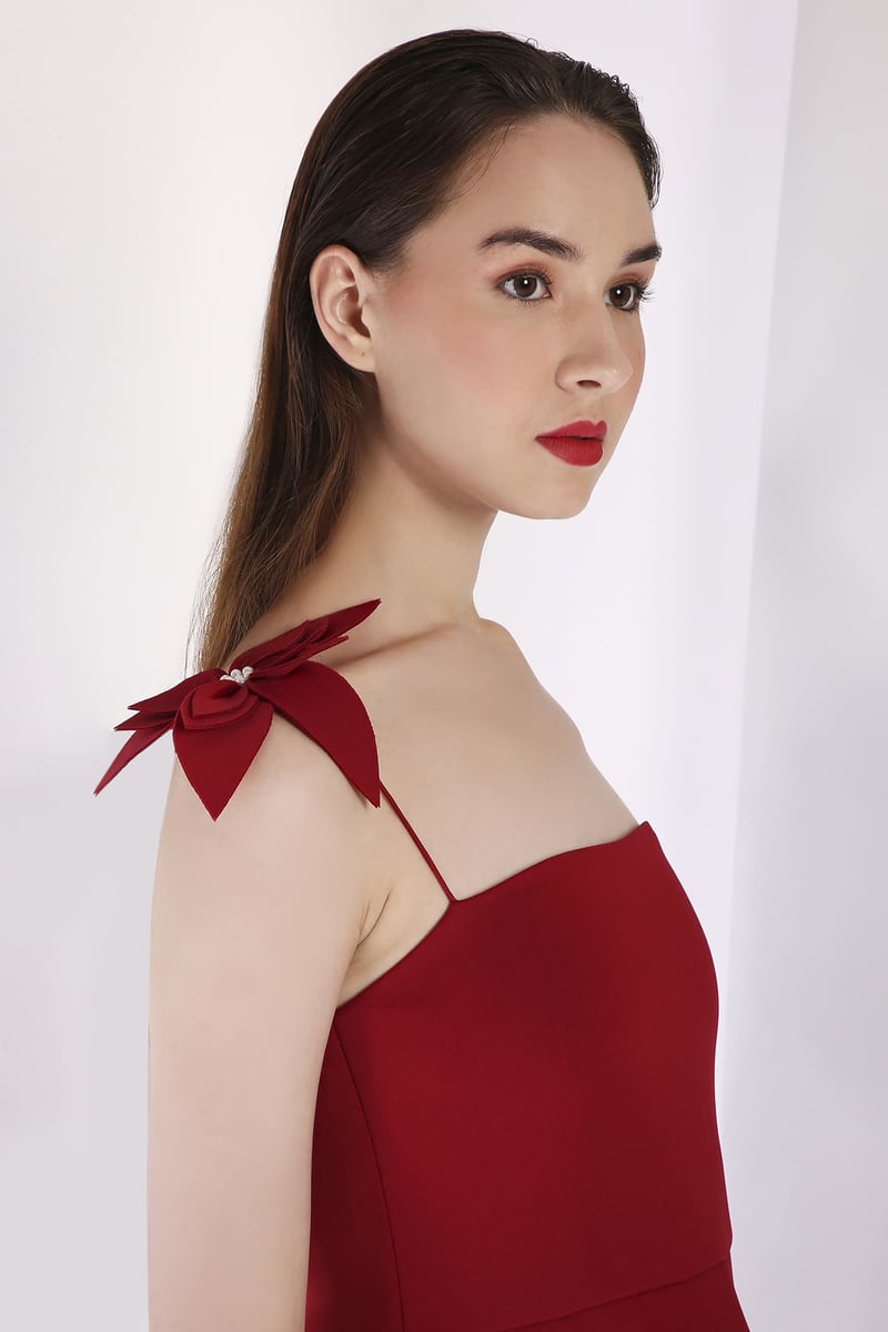Red Fit and Flare Midi Dress with 3D Heart Applique