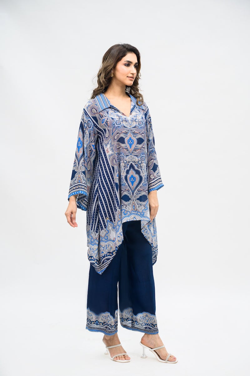 Navy Printed A-Line Tunic and Wide-Leg Pants Co-ord Set