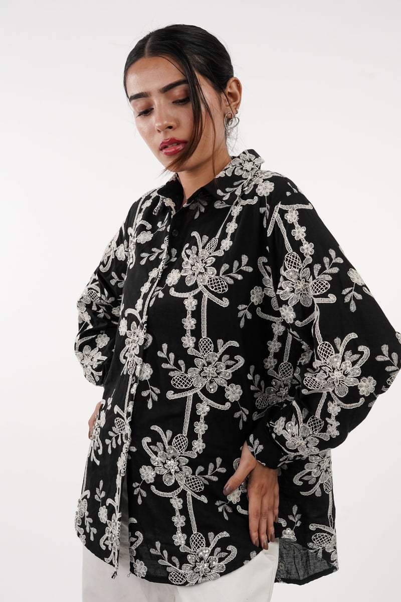 Black Embroidered and Embellished Button-Down Shirt