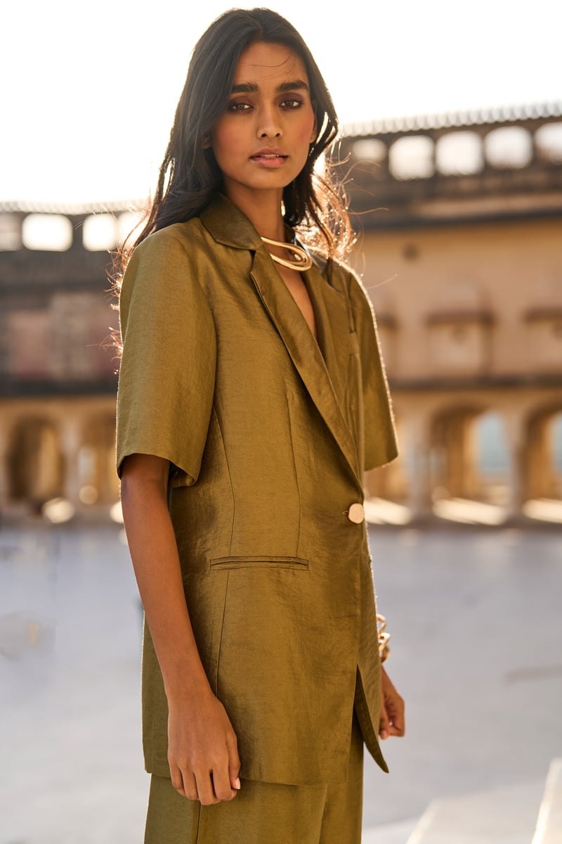 Green Metallic Lamé Tailored Half Sleeve Blazer