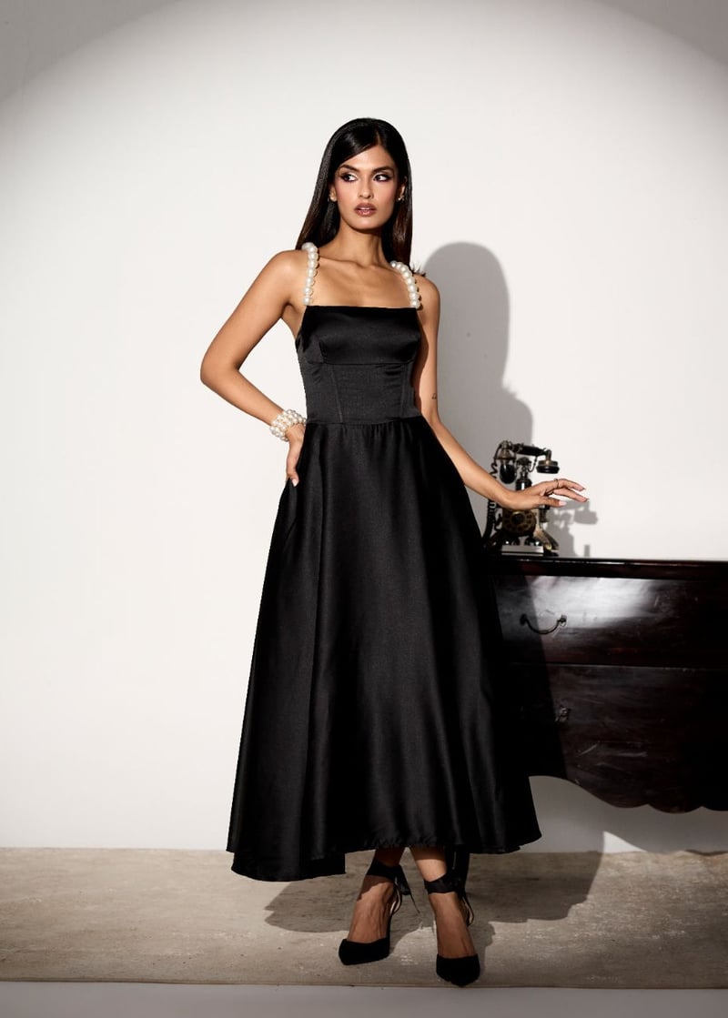 Vivienne Black Pearl Midi Dress — Lea Clothing