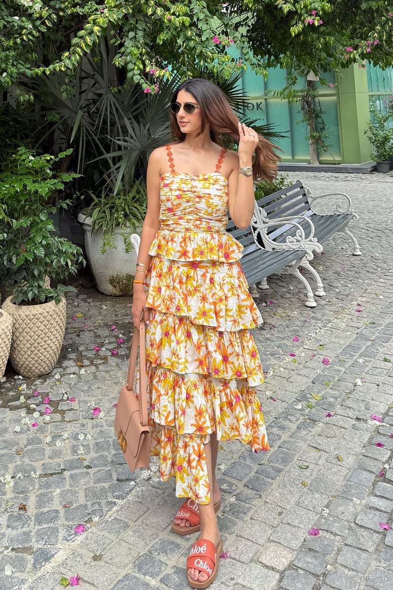 Layered Floral Print Ruched Bodice Tiered Midi Dress