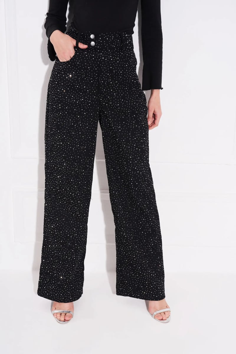 Black Crystal-Embellished Wide-Leg Denim Trousers