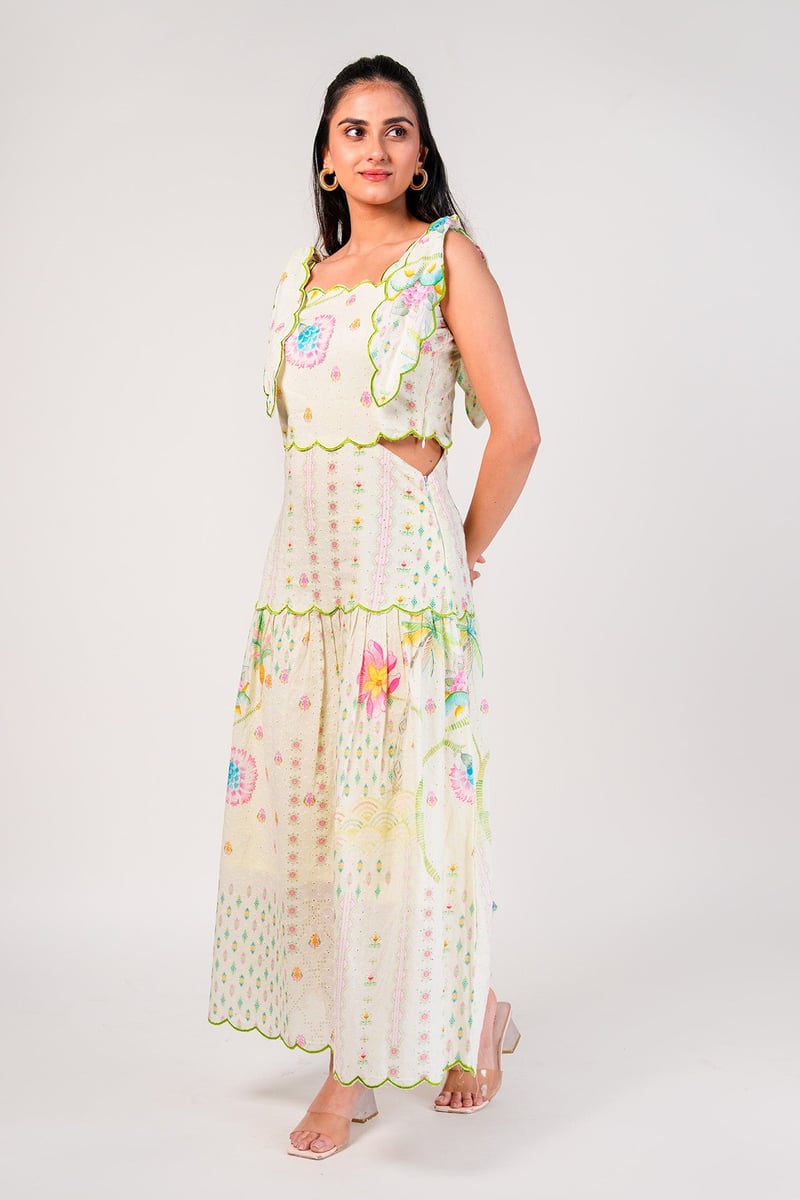 Ivory/Green Cotton Hakoba Scalloped Midi Sundress
