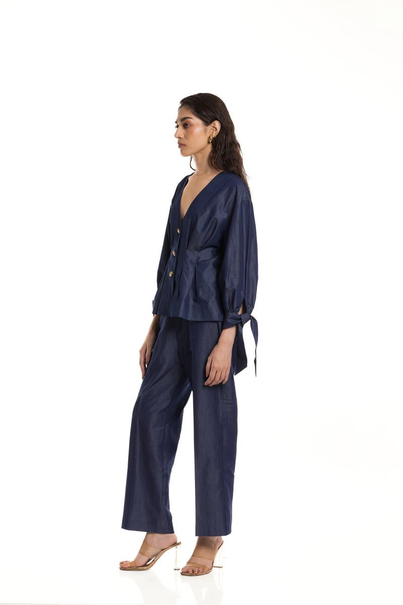 Denim Blue V-Neck Peplum Top with Bishop Sleeves