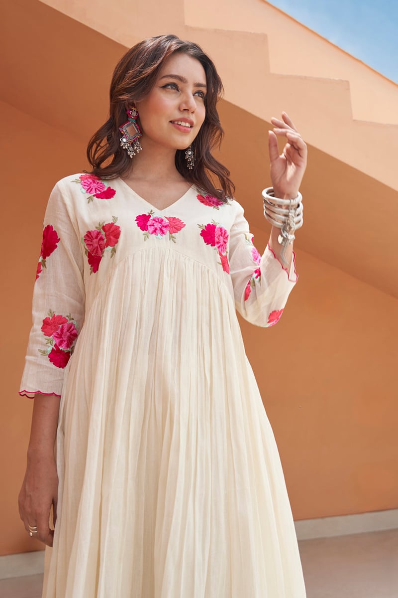 Cream Mul Mul Embroidered Flared Kurta Set with Dupatta
