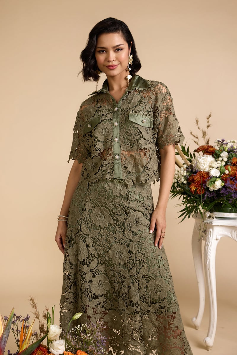 Olive Green Lace Cropped Shirt with Collar and Buttons — AVERIE