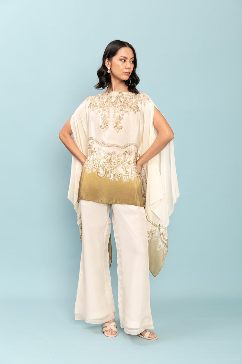 Ivory and Olive Printed Cape Kaftan Top — LABEL NAARITI