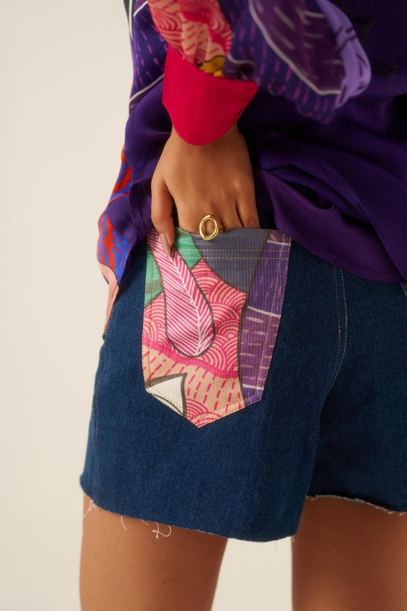 Multicolor Printed Organza Satin Shirt with Contrast Collar