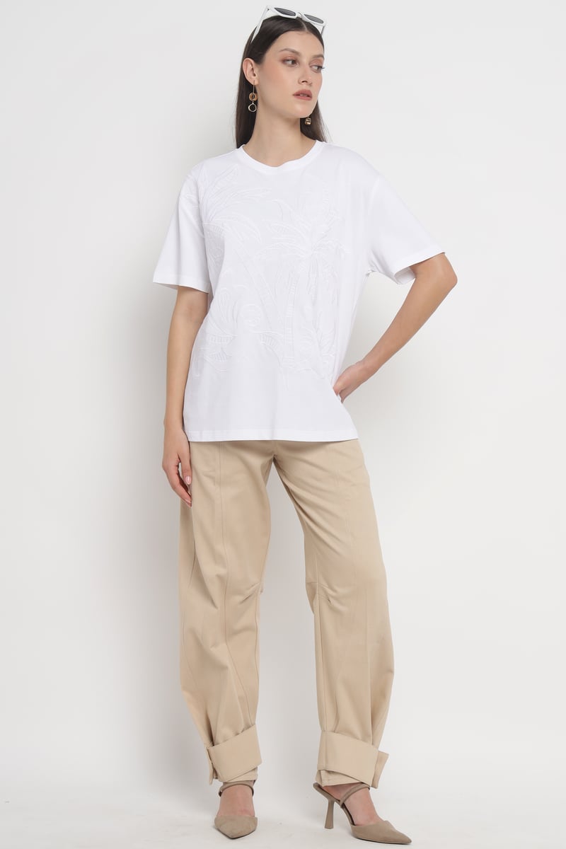 White Cotton Jersey T-Shirt with Tonal Embroidery