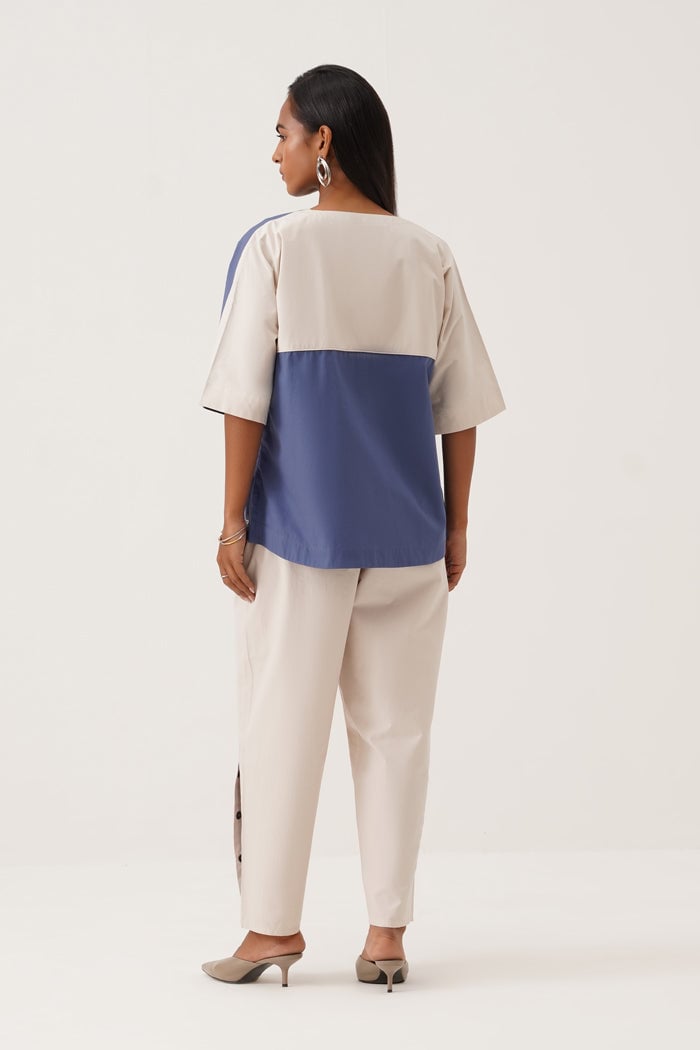 Blue and White Colorblocked Shirt and Pants Co-ord Set