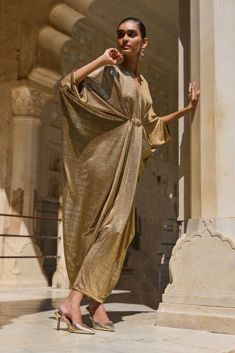 Gold Metallic Draped Maxi Kaftan with V-Neck