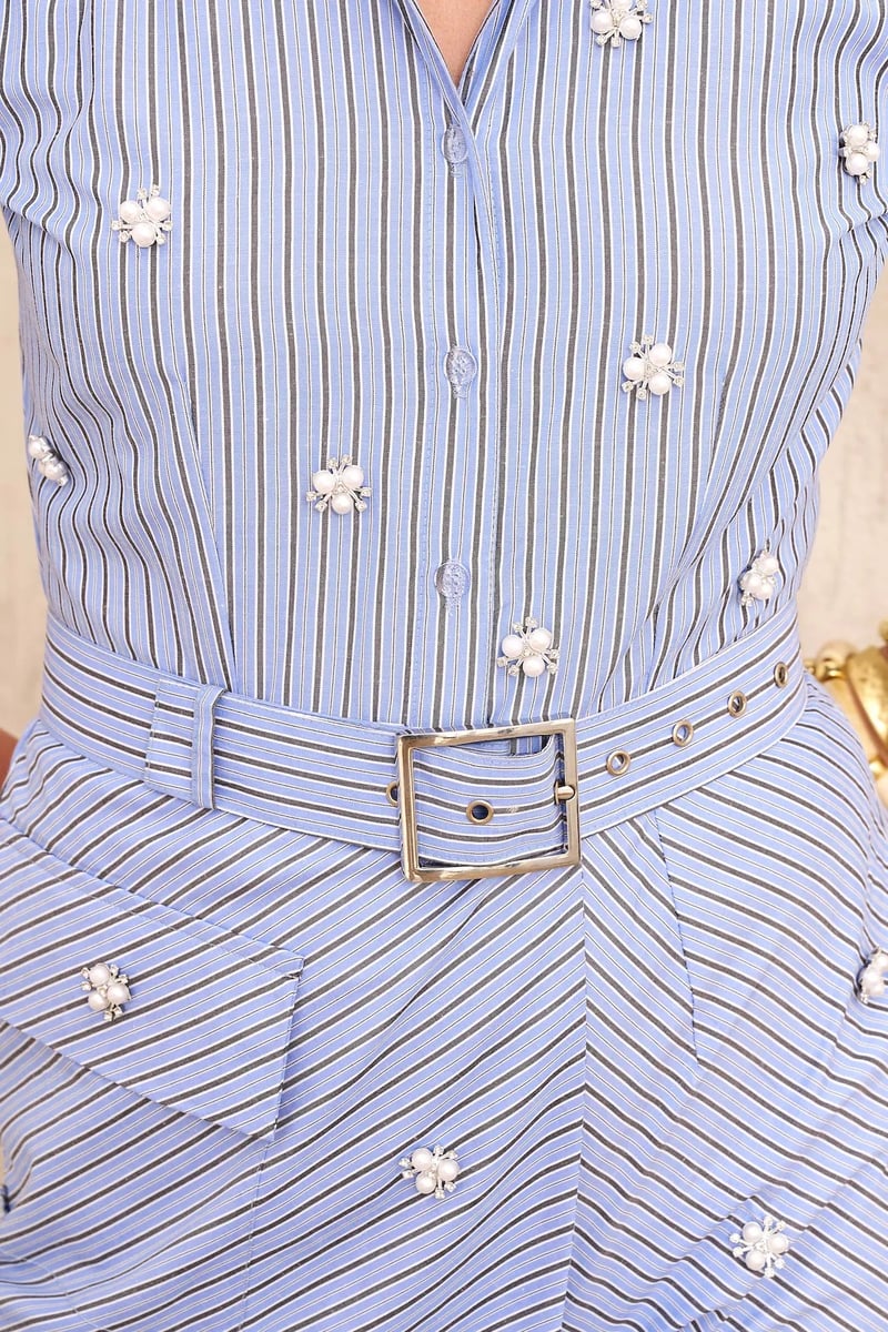 Blue Striped Pearl Embellished Shirt Romper with Belt