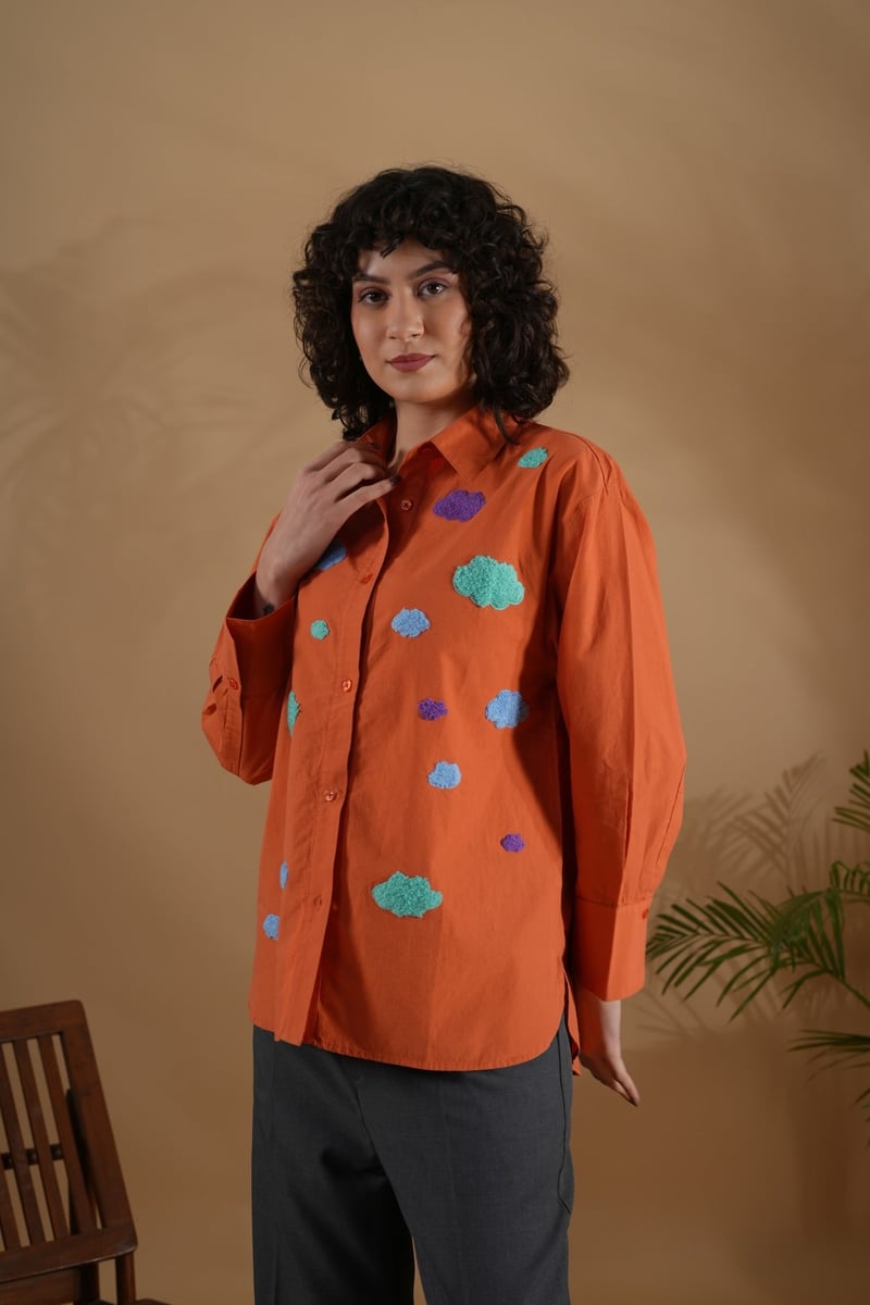 Orange Cotton Comfort-Fit Embroidered Shirt