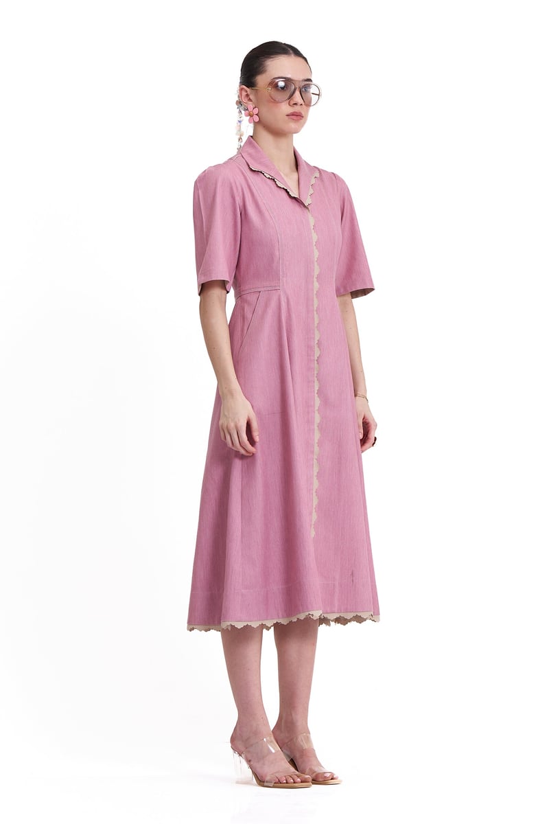 Rosewood Denim Fit and Flare Midi Dress with Zip Front