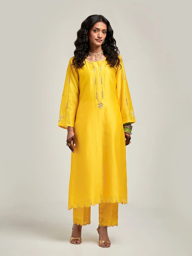 Yellow Silk Chanderi Embroidered Straight Kurta Set — Anantaa
