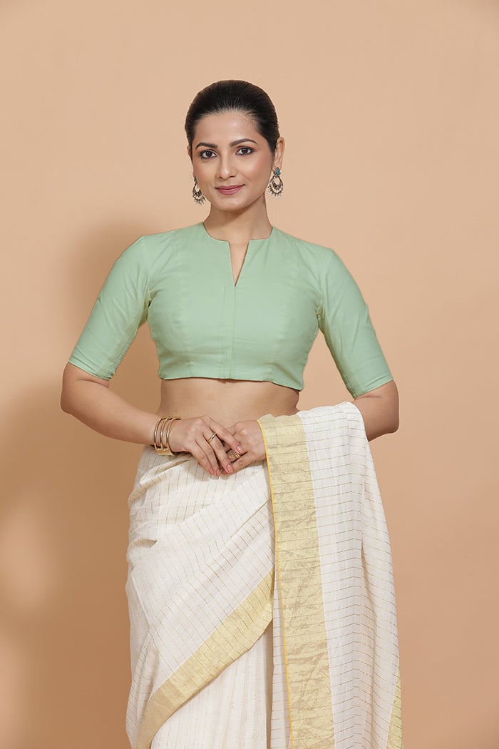 Light Sage Cotton Saree Blouse with Elbow Sleeves