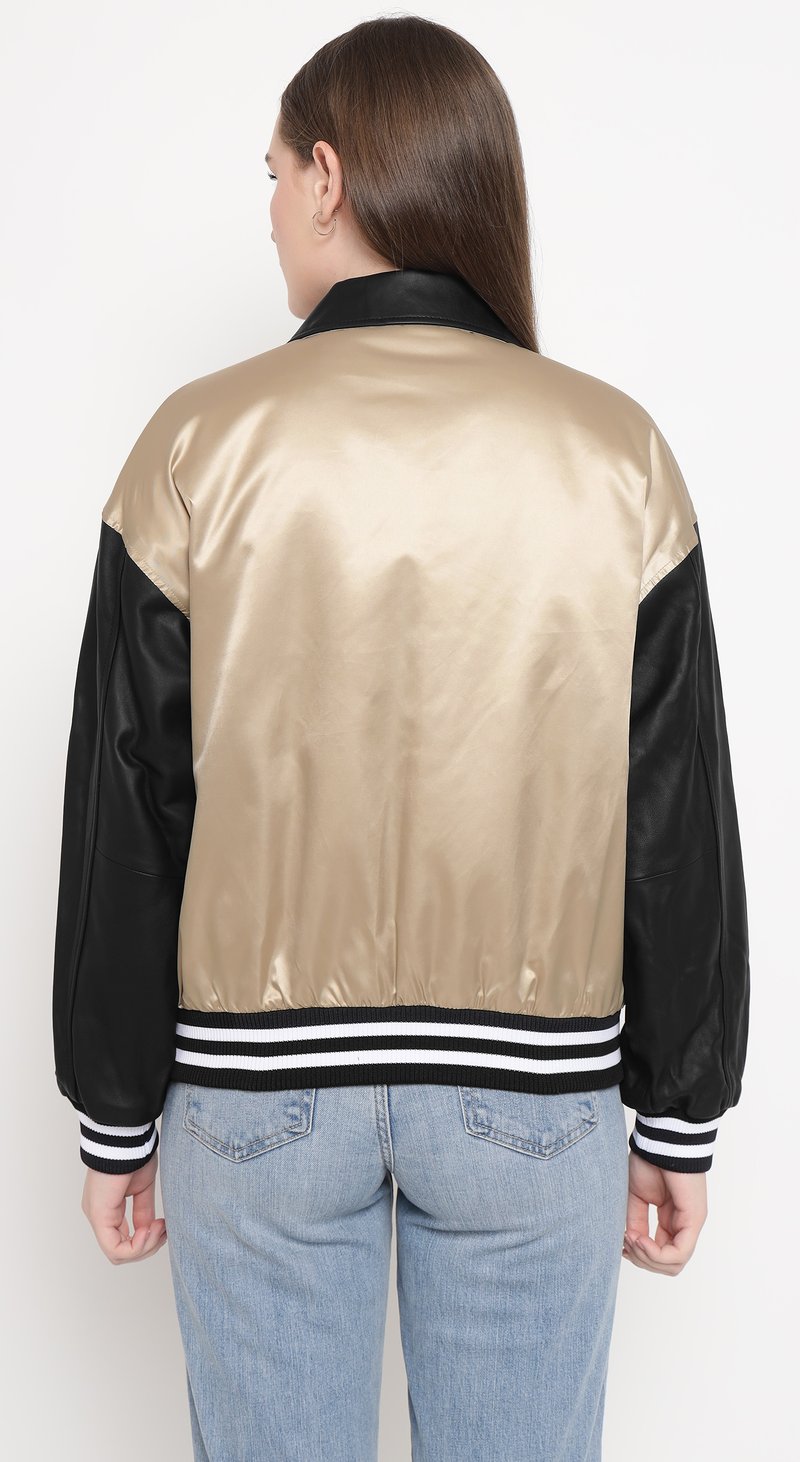 Beige and Black Colorblock Varsity Bomber Jacket