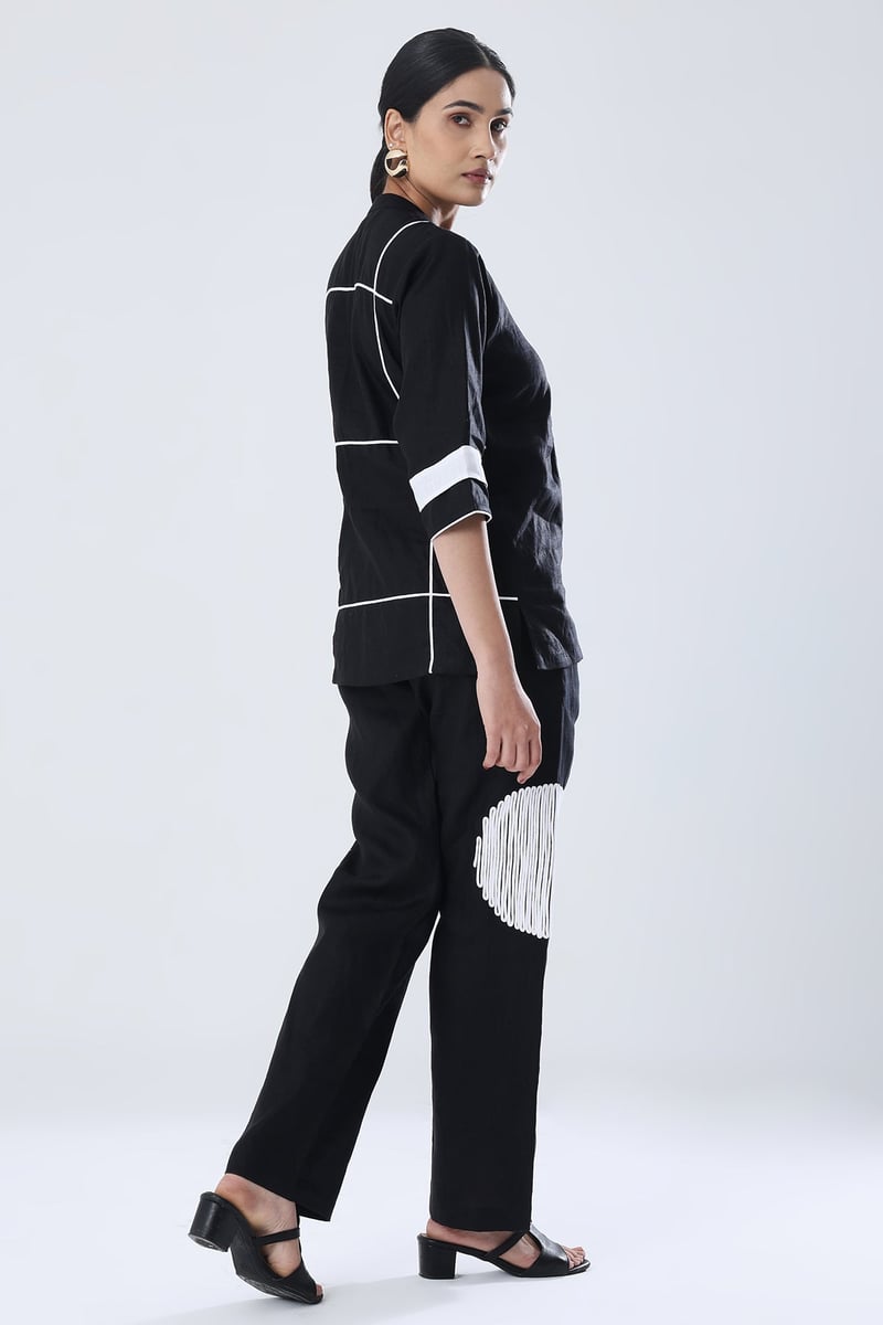 Black Hemp Straight-Leg Trousers with White Motif