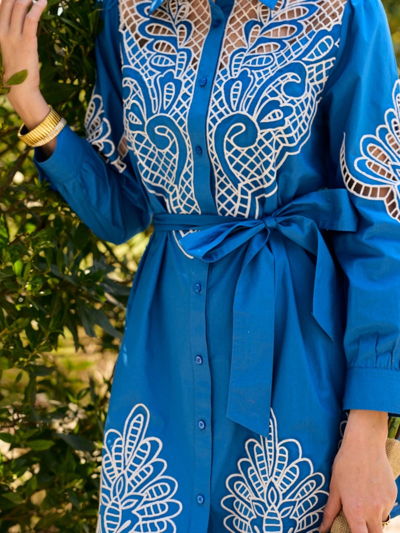 Blue Cutwork Belted Mini Shirt Dress