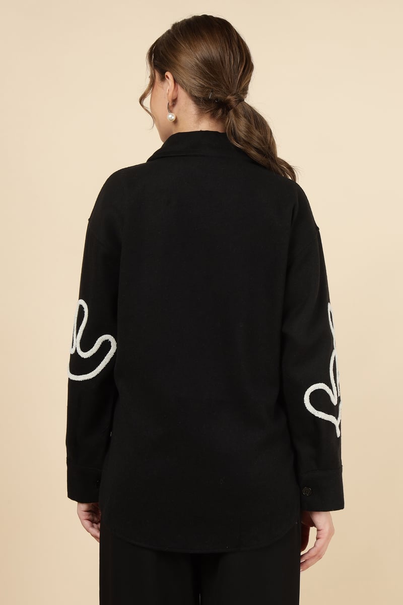 Black Floral Applique Overshirt Shirt