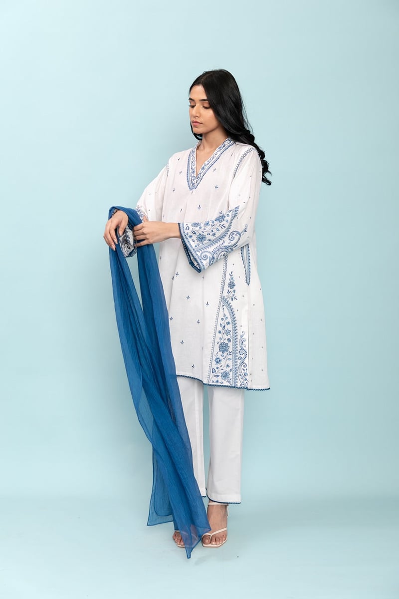 White and Indigo Embroidered Linen Kurta Set with Dupatta