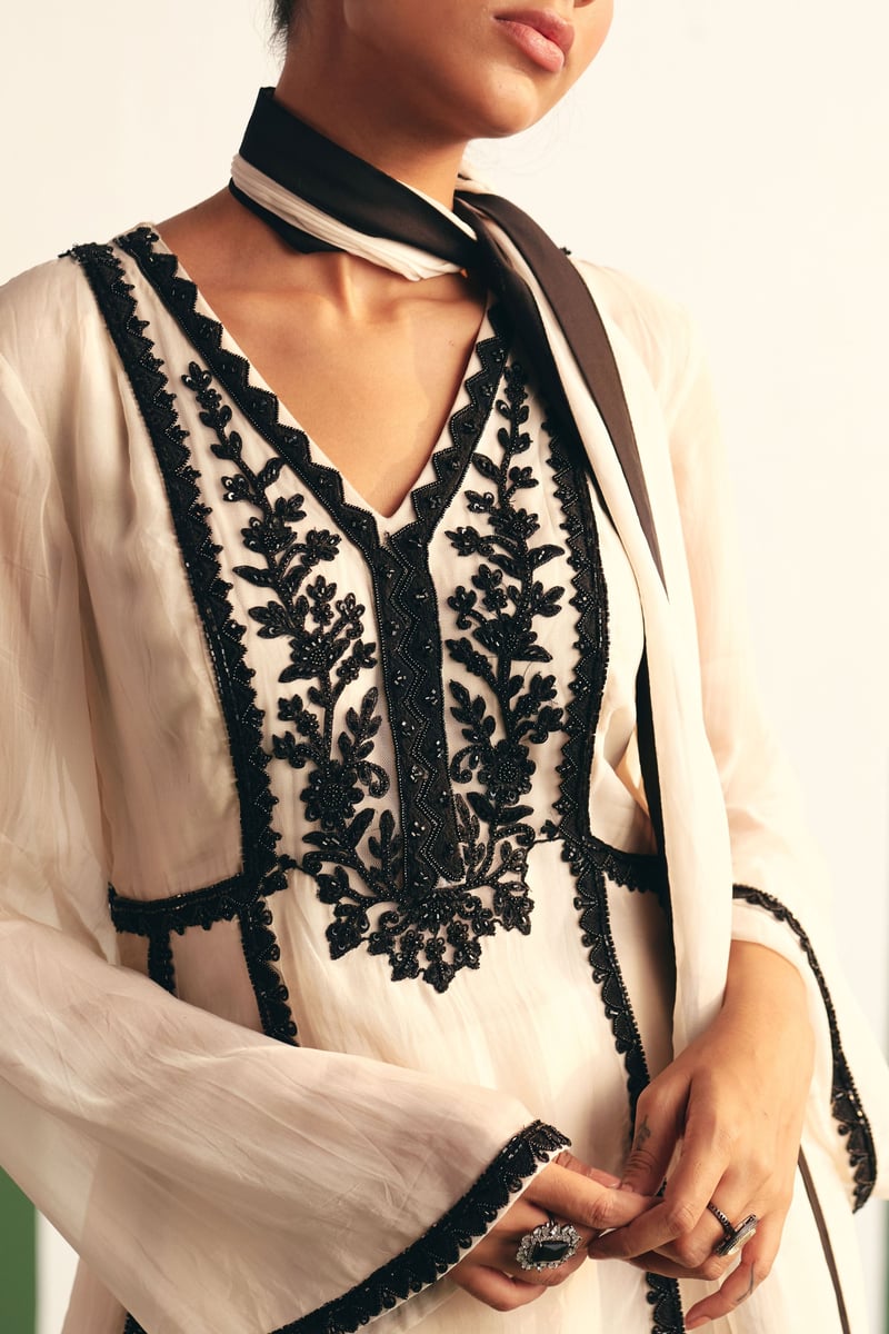 Ivory Anarkali Kurta Set with Black Embroidery