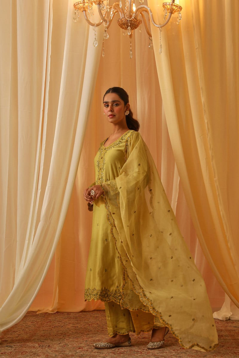 Yellow Chanderi Embroidered Kurta Pant Set with Dupatta