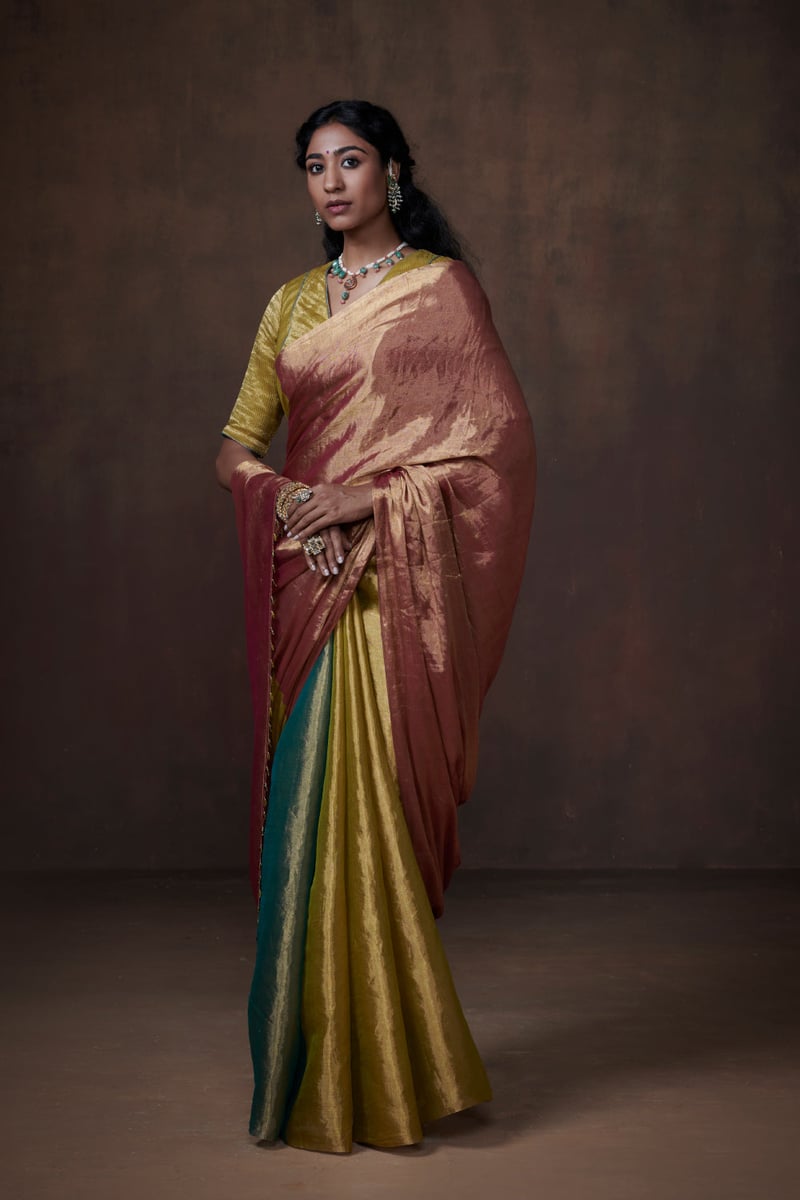 Teal Lime Rust Tissue Saree with Metallic Sheen